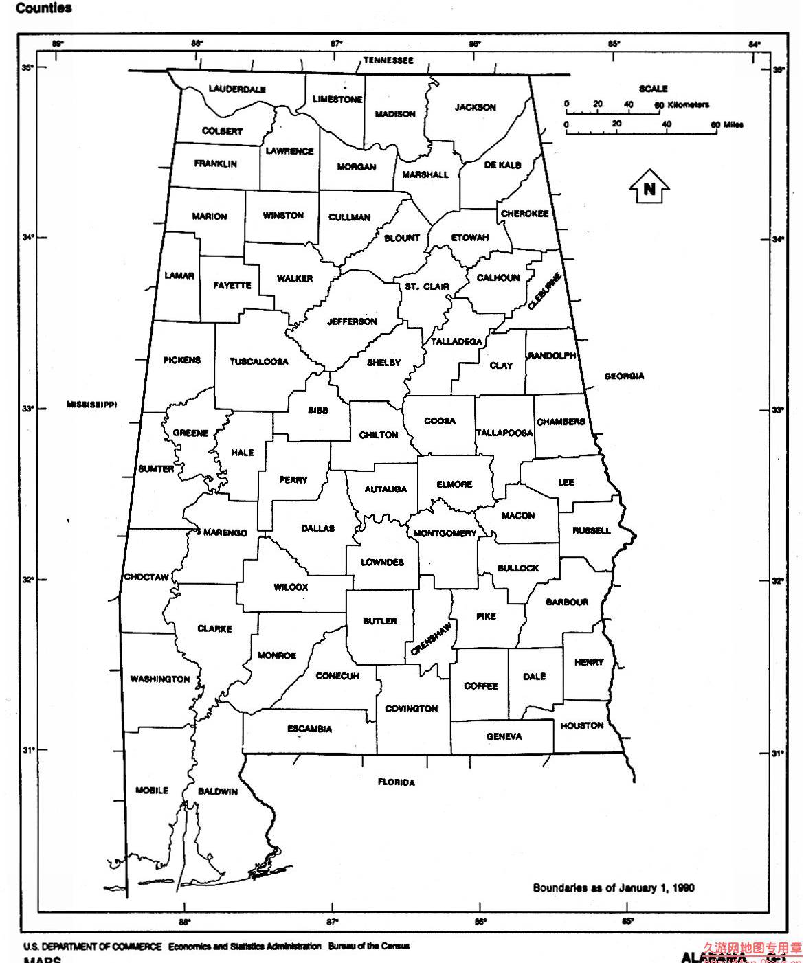 美国Alabama州各政区简图